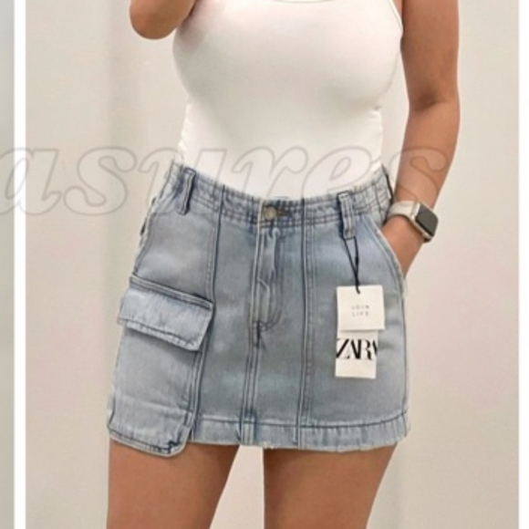 Zara Light Wash Denim Cargo Mini Casual Boho Pockets Skirt Size Large. - Picture 4 of 14